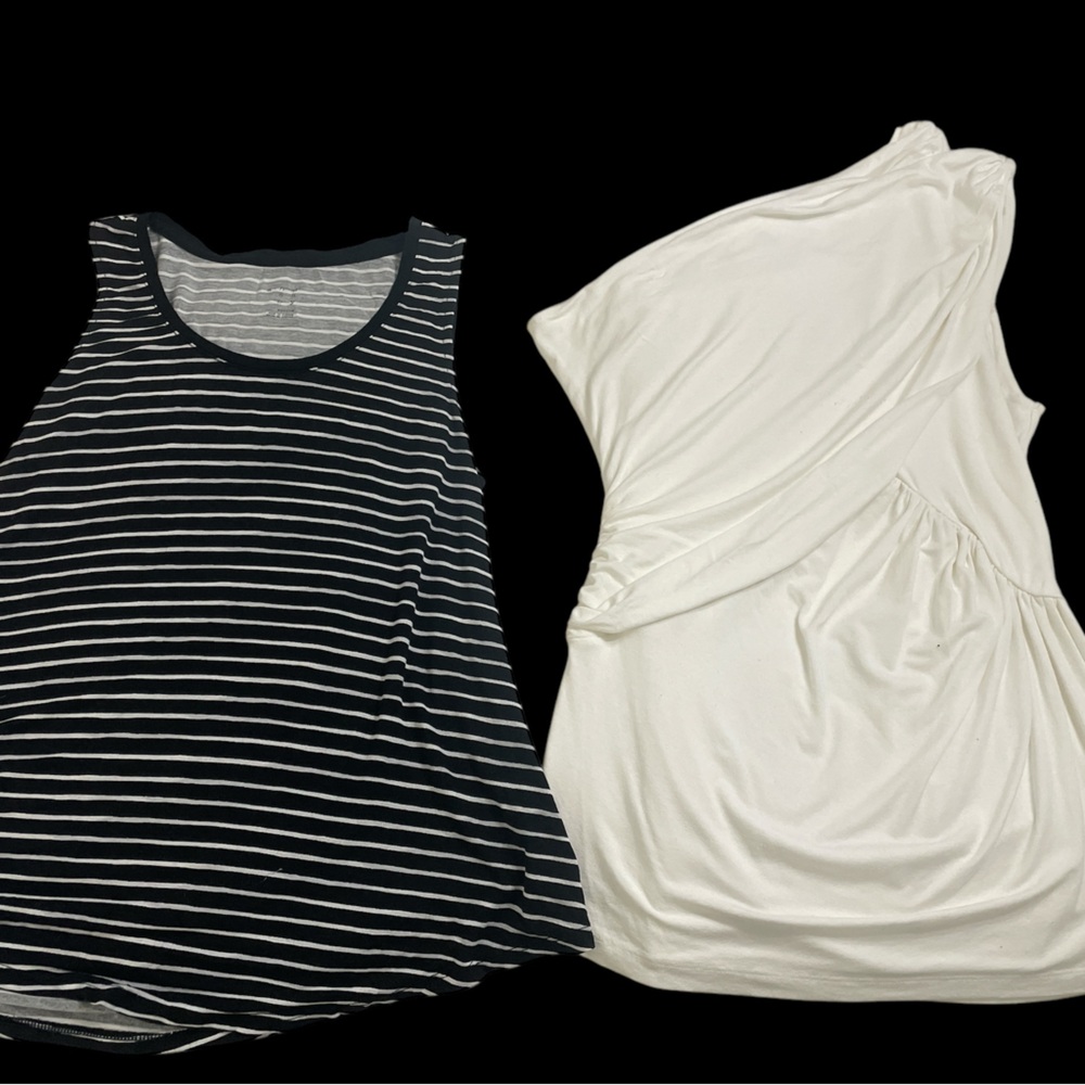 Women’s knit shirt blouse lot black white stripe & solid one shoulder ruched M